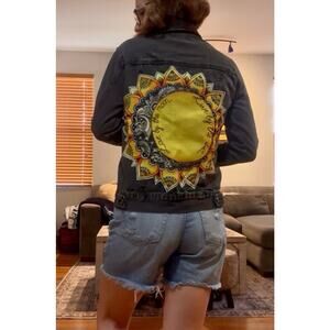 LOVE MOON LIVE SUN Upcycled Retro Vintage Boho Rhinestone Black Denim Jacket S
